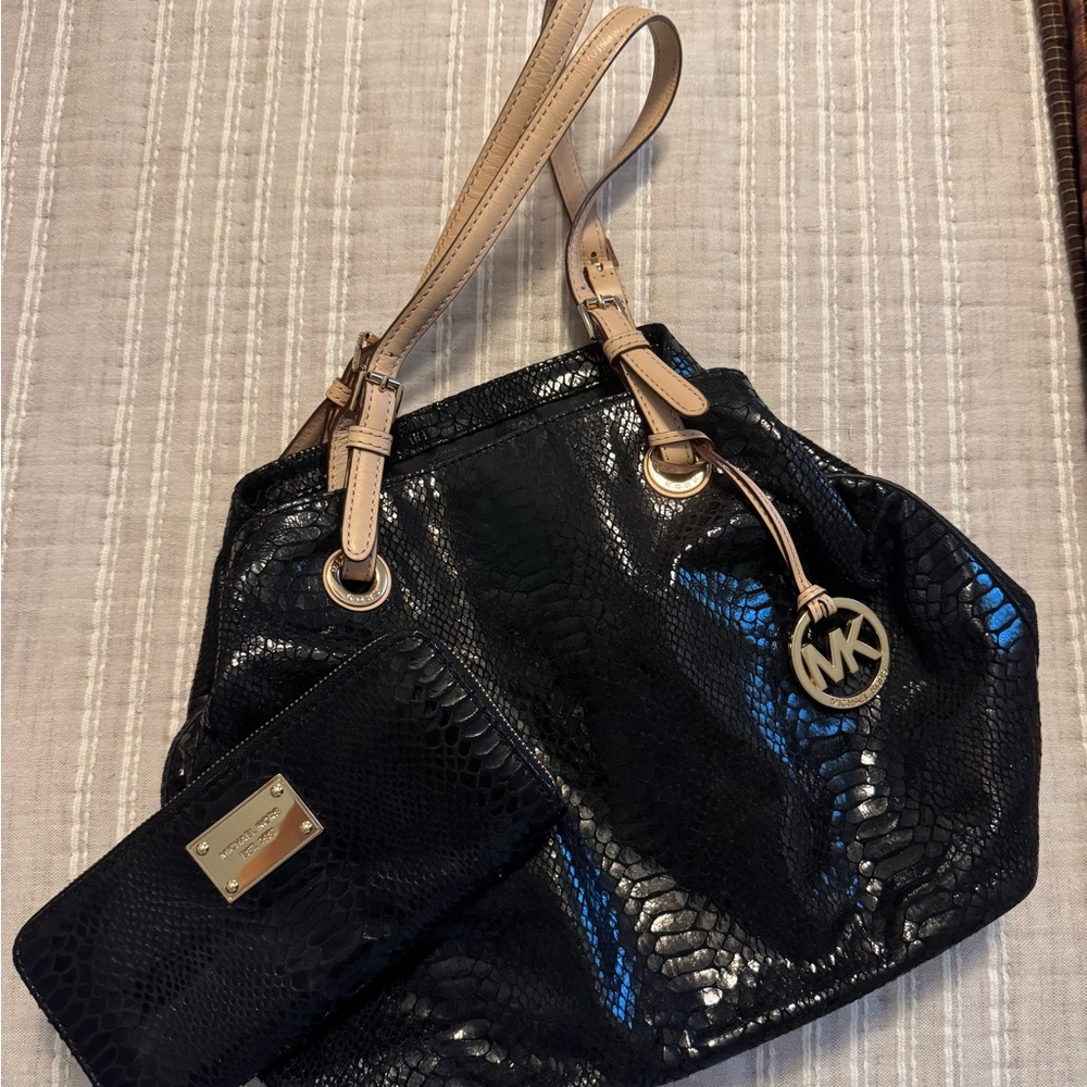 Michael Kors Black and Tan Snake-Embossed Shoulder Bag